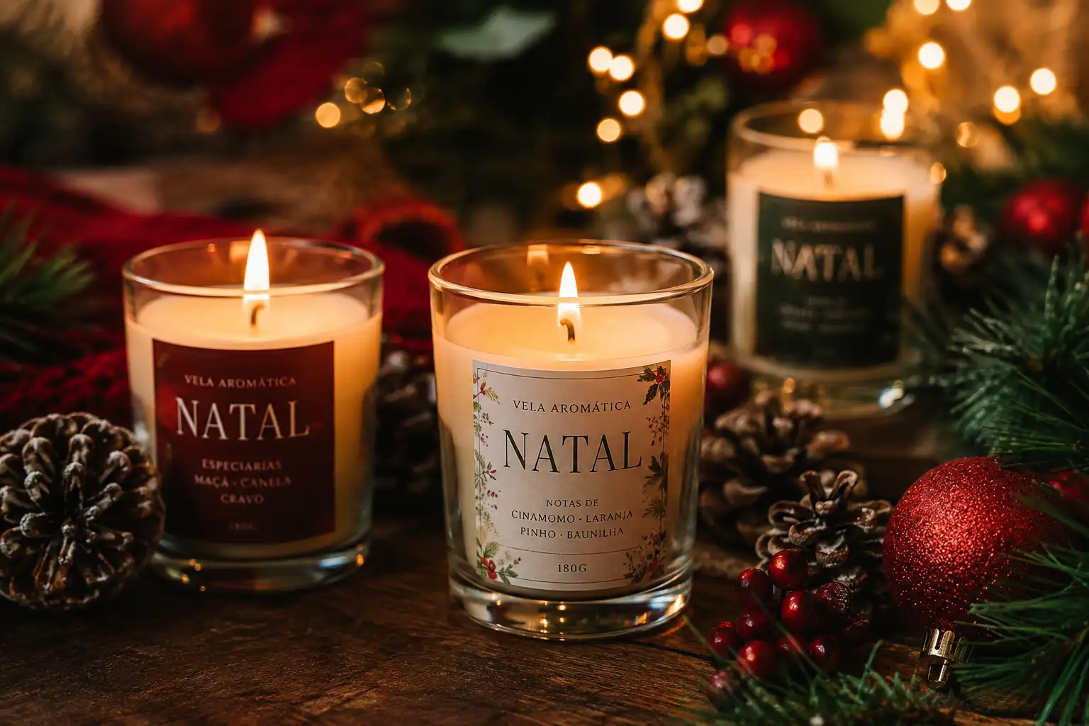 Velas aromáticas de Natal acesas, com pinhas e ramos de pinheiro